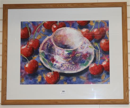 Andy Waite, watercolour, Cherries and tea cup, monogrammed and dated 95, 52 x 73cm